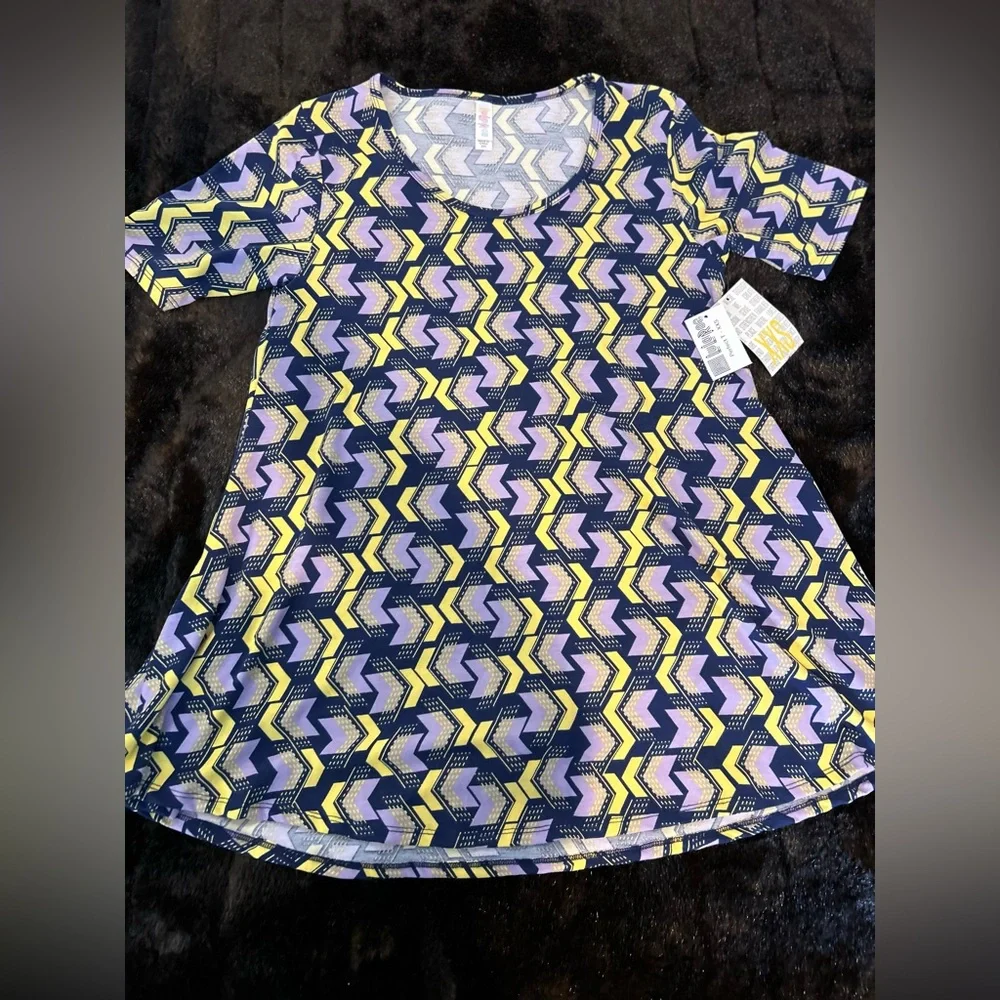 LuLaRoe Perfect Tee XXS Navy Blue Purple Yellow Chevron NWT
